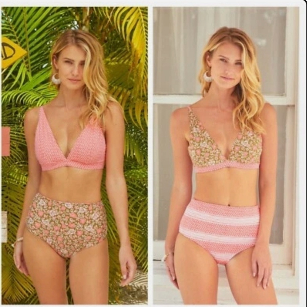 NWT Cabana Life $180 Jetties Beach Reversible Top & High Rise Bottom Bikini Sz S